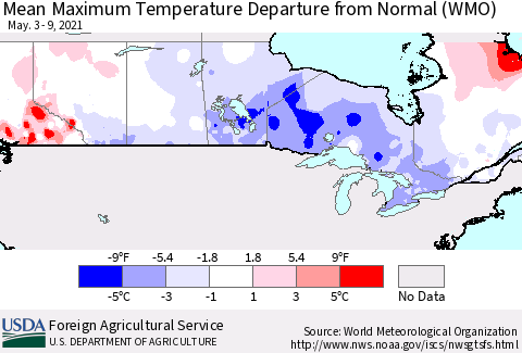 Canada Mean Maximum Temperature Departure from Normal (WMO) Thematic Map For 5/3/2021 - 5/9/2021