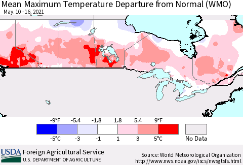 Canada Mean Maximum Temperature Departure from Normal (WMO) Thematic Map For 5/10/2021 - 5/16/2021