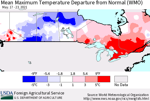 Canada Mean Maximum Temperature Departure from Normal (WMO) Thematic Map For 5/17/2021 - 5/23/2021