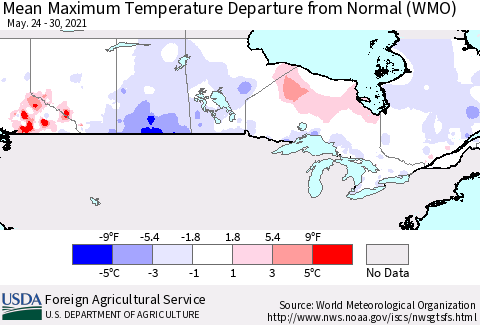 Canada Mean Maximum Temperature Departure from Normal (WMO) Thematic Map For 5/24/2021 - 5/30/2021