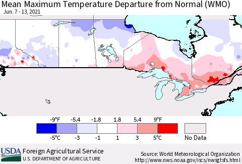 Canada Mean Maximum Temperature Departure from Normal (WMO) Thematic Map For 6/7/2021 - 6/13/2021