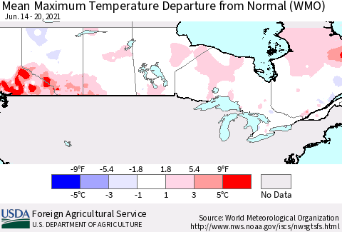 Canada Mean Maximum Temperature Departure from Normal (WMO) Thematic Map For 6/14/2021 - 6/20/2021
