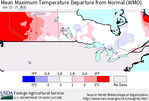 Canada Mean Maximum Temperature Departure from Normal (WMO) Thematic Map For 6/21/2021 - 6/27/2021
