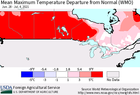 Canada Mean Maximum Temperature Departure from Normal (WMO) Thematic Map For 6/28/2021 - 7/4/2021