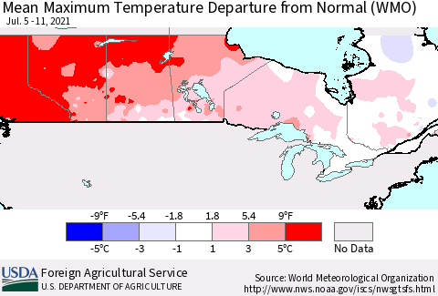 Canada Mean Maximum Temperature Departure from Normal (WMO) Thematic Map For 7/5/2021 - 7/11/2021