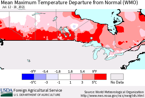 Canada Mean Maximum Temperature Departure from Normal (WMO) Thematic Map For 7/12/2021 - 7/18/2021