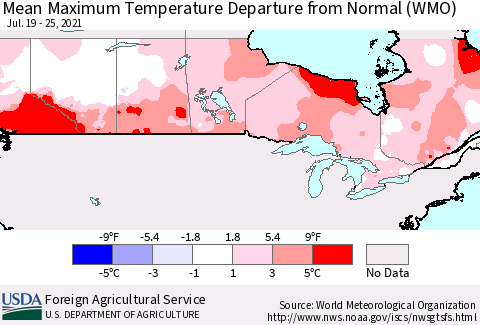 Canada Mean Maximum Temperature Departure from Normal (WMO) Thematic Map For 7/19/2021 - 7/25/2021