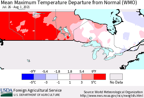 Canada Mean Maximum Temperature Departure from Normal (WMO) Thematic Map For 7/26/2021 - 8/1/2021