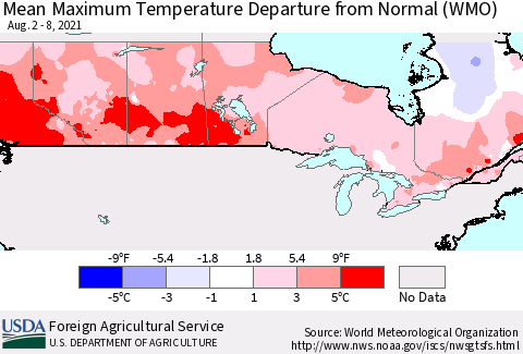 Canada Mean Maximum Temperature Departure from Normal (WMO) Thematic Map For 8/2/2021 - 8/8/2021
