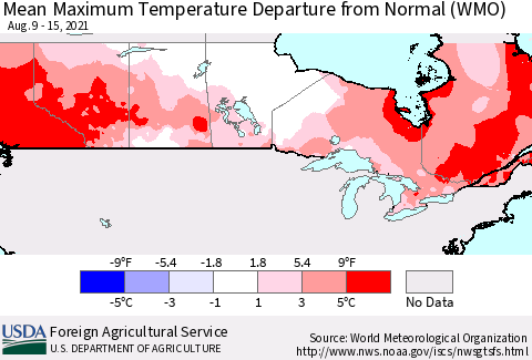 Canada Mean Maximum Temperature Departure from Normal (WMO) Thematic Map For 8/9/2021 - 8/15/2021