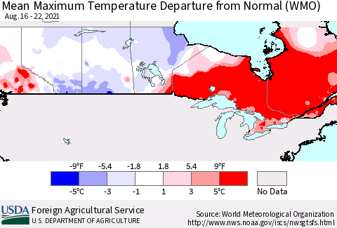 Canada Mean Maximum Temperature Departure from Normal (WMO) Thematic Map For 8/16/2021 - 8/22/2021