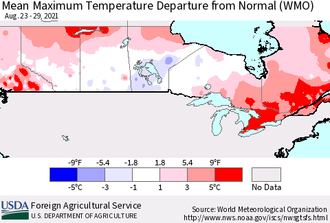 Canada Mean Maximum Temperature Departure from Normal (WMO) Thematic Map For 8/23/2021 - 8/29/2021
