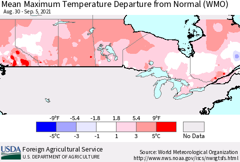 Canada Mean Maximum Temperature Departure from Normal (WMO) Thematic Map For 8/30/2021 - 9/5/2021