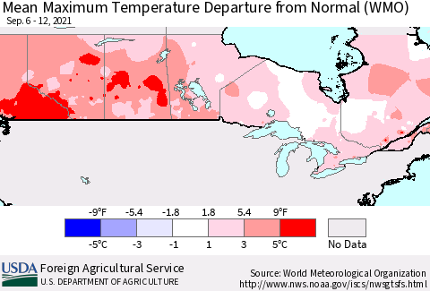 Canada Mean Maximum Temperature Departure from Normal (WMO) Thematic Map For 9/6/2021 - 9/12/2021