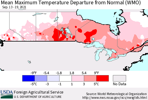 Canada Mean Maximum Temperature Departure from Normal (WMO) Thematic Map For 9/13/2021 - 9/19/2021