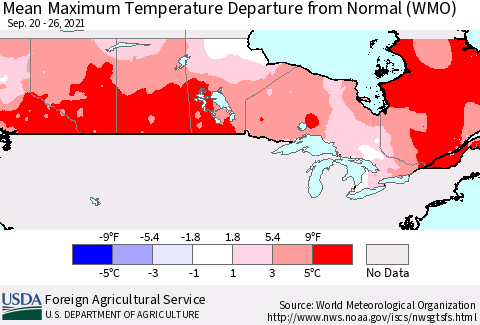 Canada Mean Maximum Temperature Departure from Normal (WMO) Thematic Map For 9/20/2021 - 9/26/2021