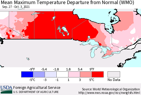Canada Mean Maximum Temperature Departure from Normal (WMO) Thematic Map For 9/27/2021 - 10/3/2021