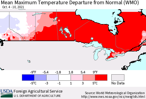 Canada Mean Maximum Temperature Departure from Normal (WMO) Thematic Map For 10/4/2021 - 10/10/2021