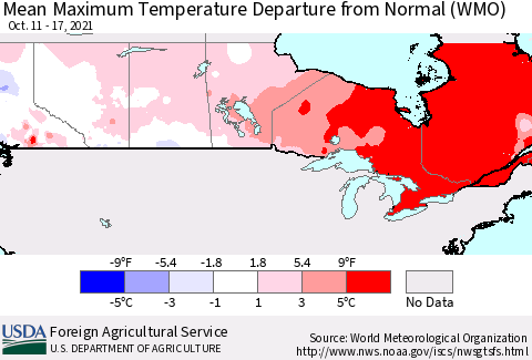 Canada Mean Maximum Temperature Departure from Normal (WMO) Thematic Map For 10/11/2021 - 10/17/2021