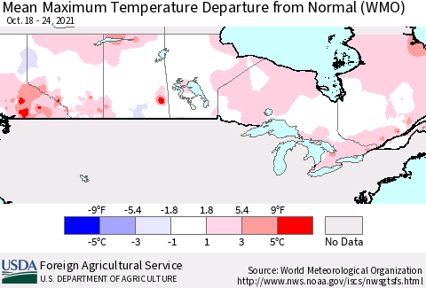 Canada Mean Maximum Temperature Departure from Normal (WMO) Thematic Map For 10/18/2021 - 10/24/2021
