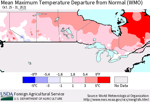 Canada Mean Maximum Temperature Departure from Normal (WMO) Thematic Map For 10/25/2021 - 10/31/2021