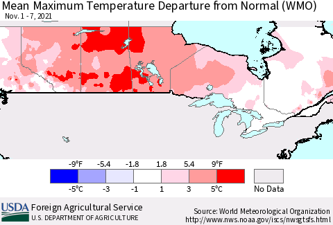 Canada Mean Maximum Temperature Departure from Normal (WMO) Thematic Map For 11/1/2021 - 11/7/2021