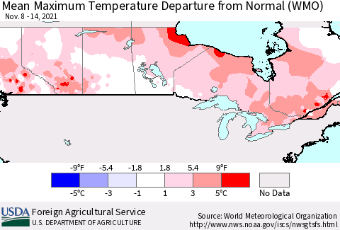 Canada Mean Maximum Temperature Departure from Normal (WMO) Thematic Map For 11/8/2021 - 11/14/2021