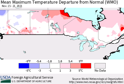 Canada Mean Maximum Temperature Departure from Normal (WMO) Thematic Map For 11/15/2021 - 11/21/2021