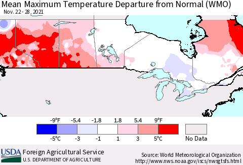 Canada Mean Maximum Temperature Departure from Normal (WMO) Thematic Map For 11/22/2021 - 11/28/2021
