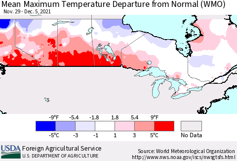 Canada Mean Maximum Temperature Departure from Normal (WMO) Thematic Map For 11/29/2021 - 12/5/2021