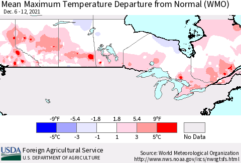Canada Mean Maximum Temperature Departure from Normal (WMO) Thematic Map For 12/6/2021 - 12/12/2021