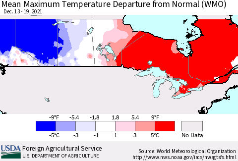 Canada Mean Maximum Temperature Departure from Normal (WMO) Thematic Map For 12/13/2021 - 12/19/2021