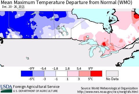 Canada Mean Maximum Temperature Departure from Normal (WMO) Thematic Map For 12/20/2021 - 12/26/2021