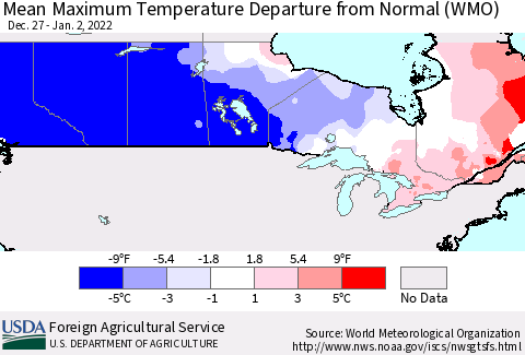 Canada Mean Maximum Temperature Departure from Normal (WMO) Thematic Map For 12/27/2021 - 1/2/2022