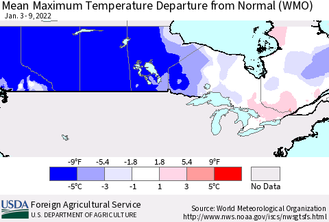 Canada Mean Maximum Temperature Departure from Normal (WMO) Thematic Map For 1/3/2022 - 1/9/2022