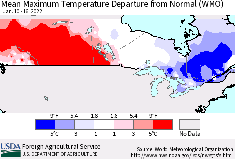 Canada Mean Maximum Temperature Departure from Normal (WMO) Thematic Map For 1/10/2022 - 1/16/2022