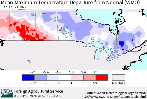 Canada Mean Maximum Temperature Departure from Normal (WMO) Thematic Map For 1/17/2022 - 1/23/2022
