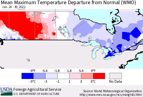 Canada Mean Maximum Temperature Departure from Normal (WMO) Thematic Map For 1/24/2022 - 1/30/2022