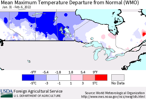 Canada Mean Maximum Temperature Departure from Normal (WMO) Thematic Map For 1/31/2022 - 2/6/2022