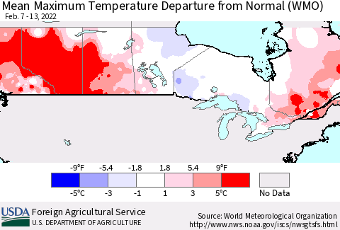Canada Mean Maximum Temperature Departure from Normal (WMO) Thematic Map For 2/7/2022 - 2/13/2022