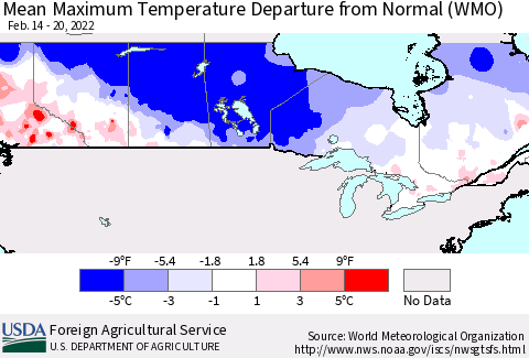 Canada Mean Maximum Temperature Departure from Normal (WMO) Thematic Map For 2/14/2022 - 2/20/2022