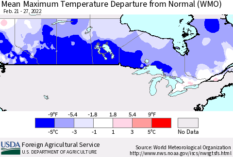 Canada Mean Maximum Temperature Departure from Normal (WMO) Thematic Map For 2/21/2022 - 2/27/2022