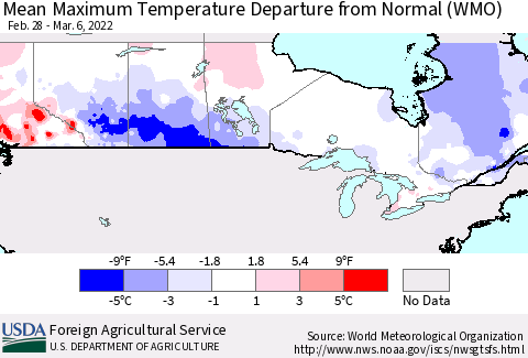 Canada Mean Maximum Temperature Departure from Normal (WMO) Thematic Map For 2/28/2022 - 3/6/2022