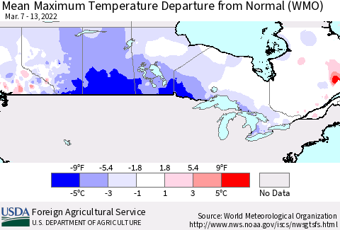 Canada Mean Maximum Temperature Departure from Normal (WMO) Thematic Map For 3/7/2022 - 3/13/2022