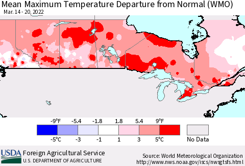 Canada Mean Maximum Temperature Departure from Normal (WMO) Thematic Map For 3/14/2022 - 3/20/2022