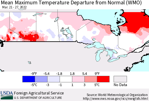 Canada Mean Maximum Temperature Departure from Normal (WMO) Thematic Map For 3/21/2022 - 3/27/2022