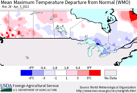 Canada Mean Maximum Temperature Departure from Normal (WMO) Thematic Map For 3/28/2022 - 4/3/2022