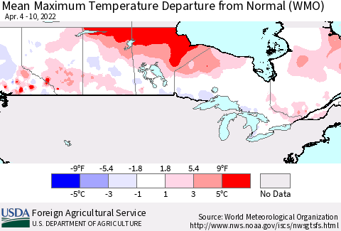 Canada Mean Maximum Temperature Departure from Normal (WMO) Thematic Map For 4/4/2022 - 4/10/2022
