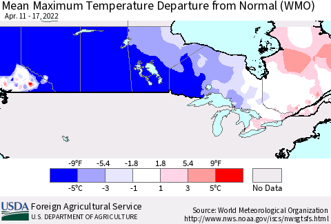 Canada Mean Maximum Temperature Departure from Normal (WMO) Thematic Map For 4/11/2022 - 4/17/2022