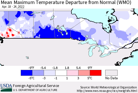 Canada Mean Maximum Temperature Departure from Normal (WMO) Thematic Map For 4/18/2022 - 4/24/2022